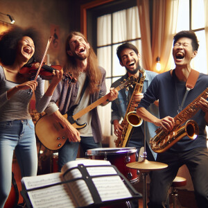 Musicos riendo a carcajadas