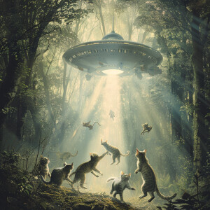 An alien spacecraft hovers above a dense wilderness, its bright...