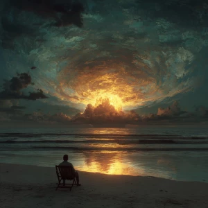 A solitary figure sits in a wooden beach chair on a quiet, darke...