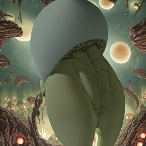 A tall humanoid alien woman landing on earth with a pregnant bel...
