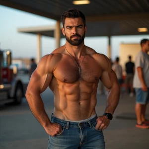 Create an image of a muscular, hairy trucker who is confidently...