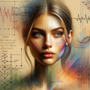 Abstract, minimalist, painting, with pencil line, paint stroke, gestures, colorful marks, mathematical equations, electrical cardiogram, printouts complex math formulas, dna asian teen girl