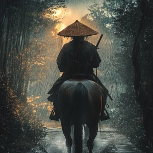 You are a graphic designer who is specialized in photoshop. Create a realistic image of a straw hat swordsman riding a horse through a rainy forest with a third-person view and soft dusky light. Cinematic stylized. High definition.