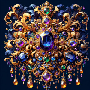 "Design an exquisite, baroque-style ornament composed of ornate gold scrollwork and flourishing acanthus leaves. Central to this design is a grand, oval-cut sapphire, surrounded by an intricate halo of smaller gemstones, including amethysts, emeralds, and pearls. Dangling elegantly from the central motif are various jeweled pendants and teardrop pearls, creating a sense of movement and opulence. The rich colors are set against a deep blue background, accentuating the gold's warm glow. Below this luxurious arrangement, the name 'KAREN' is displayed in an ornate gold script, reflecting the overall sumptuous aesthetic."