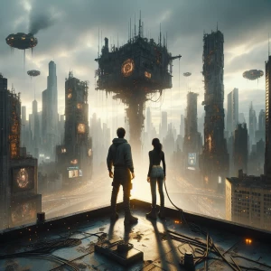 Two figures standing on the roof of a crumbling megacity building, staring out at a horizon dominated by flickering, malfunctioning billboards and distant, towering machines. The sky is filled with hazy clouds, and occasional sparks fall from damaged electrical lines above