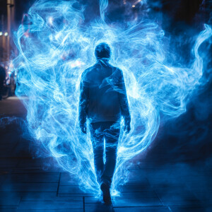 Create a captivating image of a mysterious figure striding confi...