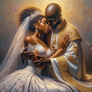 Imagine a hyper-realistic oil painting that captures a tender moment between theAfrican American bride and her God. The setting is intimate and filled with soft, warm lighting that enhances the emotional depth of the scene. The bride, in herexquisite wedding gown, shares a heartfelt embrace with her african-American Lord Jesus , who is dressedin an elegant outfit that complements the wedding's color scheme. Their expressions are full of love, pride, and joy, reflecting the special bond between them. Theattention to detail is paramount, from the intricate designs of their dresses to the subtle emotions conveyed in their facial expressions. The background is a blur ofgentle pastel hues, ensuring that the focus remains on this touching moment. Thispainting should convey the warmth, love, and depth of the relationship, with the rich textures and vibrant strokes characteristic of oil paintings, capturing the essence of this significant pre-wedding moment.