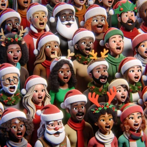 A chorus of animated the fat rednecks singing Christmas carols,...