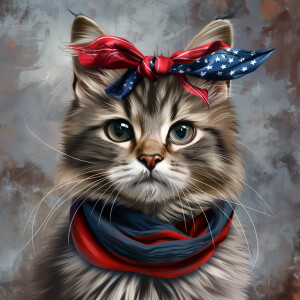 A cartoon of a mature cat gazing into the camera while sporting...