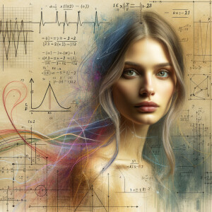 Abstract, minimalist, painting, with pencil line, paint stroke, gestures, colorful marks, mathematical equations, electrical cardiogram, printouts complex math formulas, dna asian teen girl