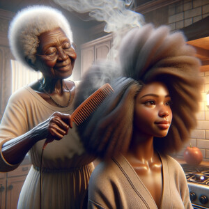 Create a realistic 3-D image of an african-American grandmother in the kitchen with her african-American granddaughter. The grandmother has a hot comb in her hair and she is straightening her granddaughters hair. One side of her granddaughters hair is in  a Afro the other is bone straight 
There is smoke coming from the hot comb