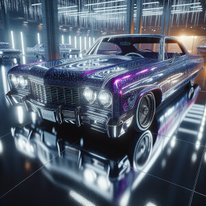 Heavily modified lowrider classic car metallic purple liquid sta...