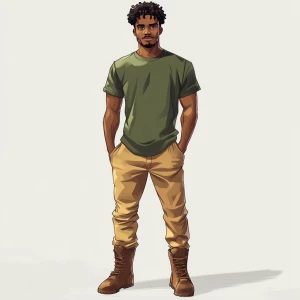 Create an image of a man of medium build with dark skin and shor...