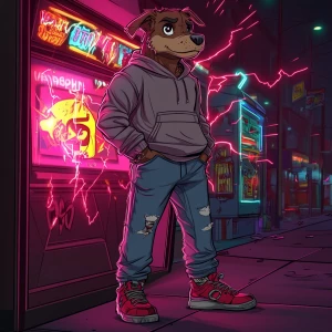 Stylized portrait of a chill cartoon dog character wearing a cas...