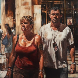 painting realistic.A sweaty  man walking with his 54 year old mo...
