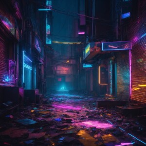 In a neon-lit virtual alleyway, glitching holographic evidence m...