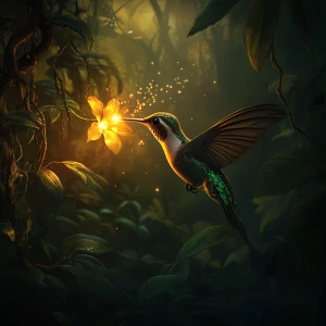 Digital painting. A bioluminescent hummingbird sips nectar from...