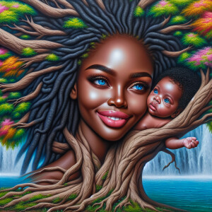 Create a close-up, hyper-realistic 3-D oil painting of a tree wi...