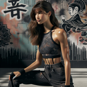 Very thin Athletic Thin skinny Attractive, Asian teenage girl, long brown hair and bangs, wearing tight skinny jeans and a halter top paint marks on her clothing, sitting side view heroic pose Asian graffiti