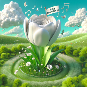 3D image of a HUGE white tulip that has words on it that read HA...