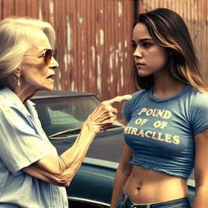 Refine a 1973-style color film photograph depicting an irate eld...