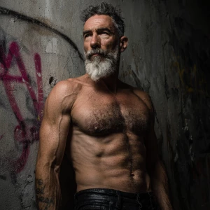 A muscular 50-year-old man with prominent gray hair and a full b...