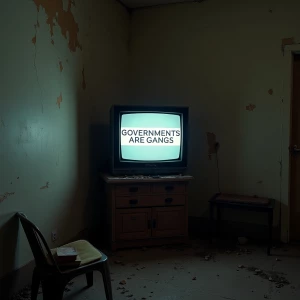 An uncomfortable vandalized room with a tube TV that has an emergency broadcast that says “GOVERNMENTS ARE GANGS” on the screen