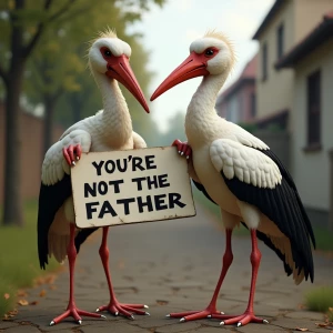 Storks holding a sign saying "YOU'RE NOT THE FATHER", ultra-deta...