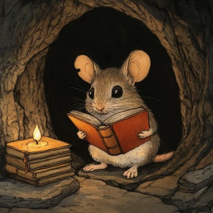 A small mouse, light brown and gray in color, is depicted in a stylized illustration. The mouse is seated in a dark cave-like opening, positioned slightly to the left of center within the frame.  It is holding an open, reddish-orange book, with the mouse's attention directed towards the book.  The mouse's expression is contemplative and focused, with large, dark eyes.  The mouse's body is proportionate and rounded, with visible paws and subtle fur details.  A small, lit candle is visible to the mouse's left, along with stacks of books. The background is dark and shadowed, contrasting with the light from the candle and the mouse's position.  The style is illustrative and painterly, reminiscent of a detailed colored pencil or pastel drawing.  The lighting is soft, highlighting the mouse and the book, creating a warm atmosphere.  The composition is well-balanced, focusing the viewer's attention on the mouse engrossed in reading. The perspective is slightly above the mouse, drawing attention to the scene as if peering into a small cave.  The overall style is quiet and engaging.