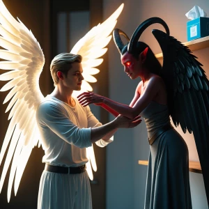 "A glowing male angel with radiant white wings gently lifting a...