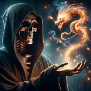 A close-up, cinematic painting of a skeleton wearing a hooded ro...