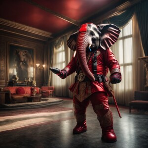 An anthropomorphic elephant  dressed in a fitted Deadpool costum...