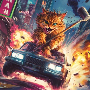 A wild, high-energy cat with spiked fur and a giant mallet, ridi...
