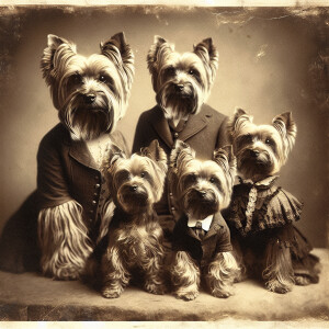 Yorkshire Terrier family posed for an 1890s portrait photo, capt...