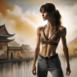 Athletic Thin skinny Attractive, Asian teenage girl, long brown hair and bangs, wearing tight skinny jeans and a halter top paint marks on her clothing, heroic pose Asian graffiti background, side view