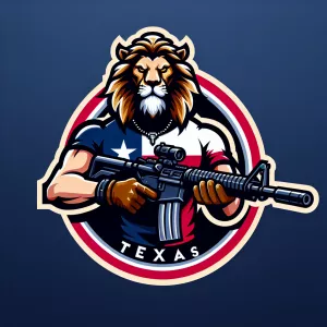 muscular tactical 
lion with texas flag shirt shooting a rifle