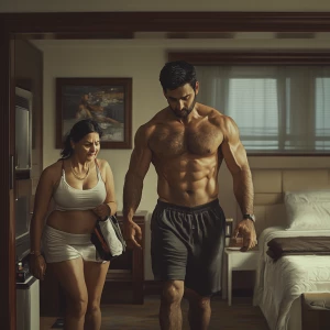 PhotoRealism,a muscular, sweaty man entering a New York hotel ro...