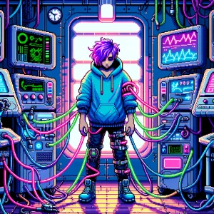 a neon-lit cyberpunk medical bay, focusing on a non-binary indiv...