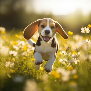 Beagle puppy running in a field. That is lemon colored