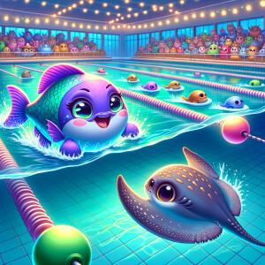 Cute purple neon green piranha
Sting ray
Swimming race
Swimming...
