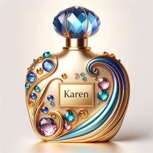 Create a 3-D realistic gold and blue, colorful jewels perfume b...