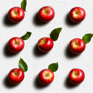 Generate an image of multiple vibrant miniature apples, each wit...