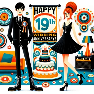 ‘Happy 19th Anniversary!’ Written
A 60s mod vibe with a tan male...
