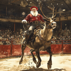 A hyperrealistic watercolour illustration of a reindeer rodeo. S...