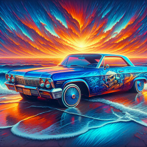 a heavily modified, lowrider blue 1965 Impala with custom wheels...