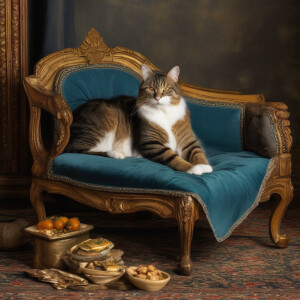 Renaissance cat, lounging on chaise lounge eating sardines