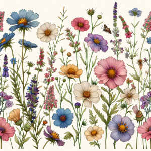 Design a seamless border featuring an assortment of wildflowers...