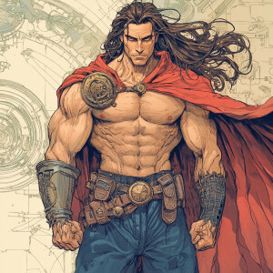 illustration, future, muscles, cape,  hero, steampunk, long hair...