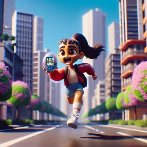 A young girl sprinting along an urban sidewalk, clutching a Tama...