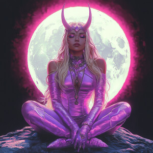 The image is a digital illustration of a woman sitting on a rock...